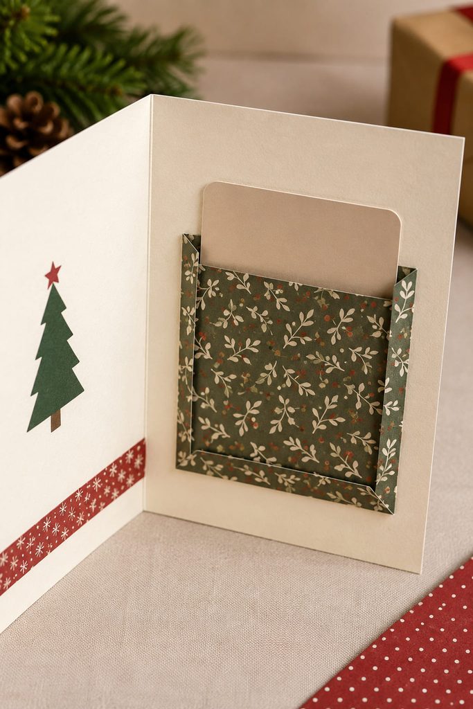 Open Christmas card with a simple paper pocket holding a gift card inside.