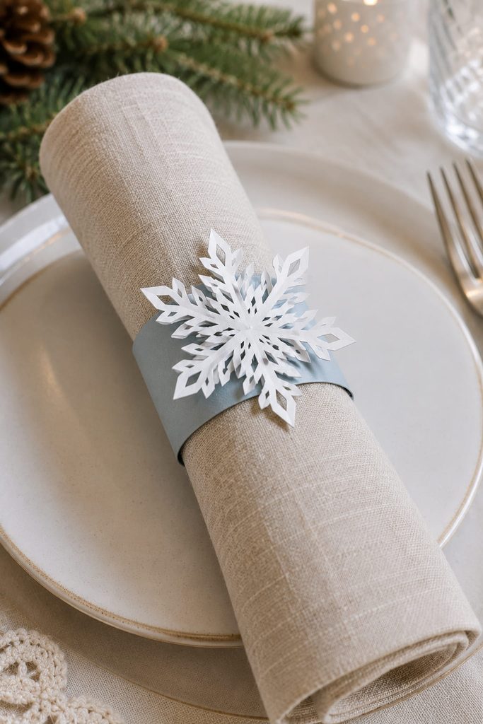 Paper band napkin ring with a cut snowflake medallion at a winter place setting.