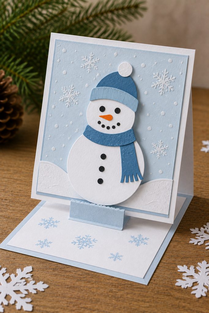 Snowman Christmas card standing upright on its folded easel support and interior paper stopper.