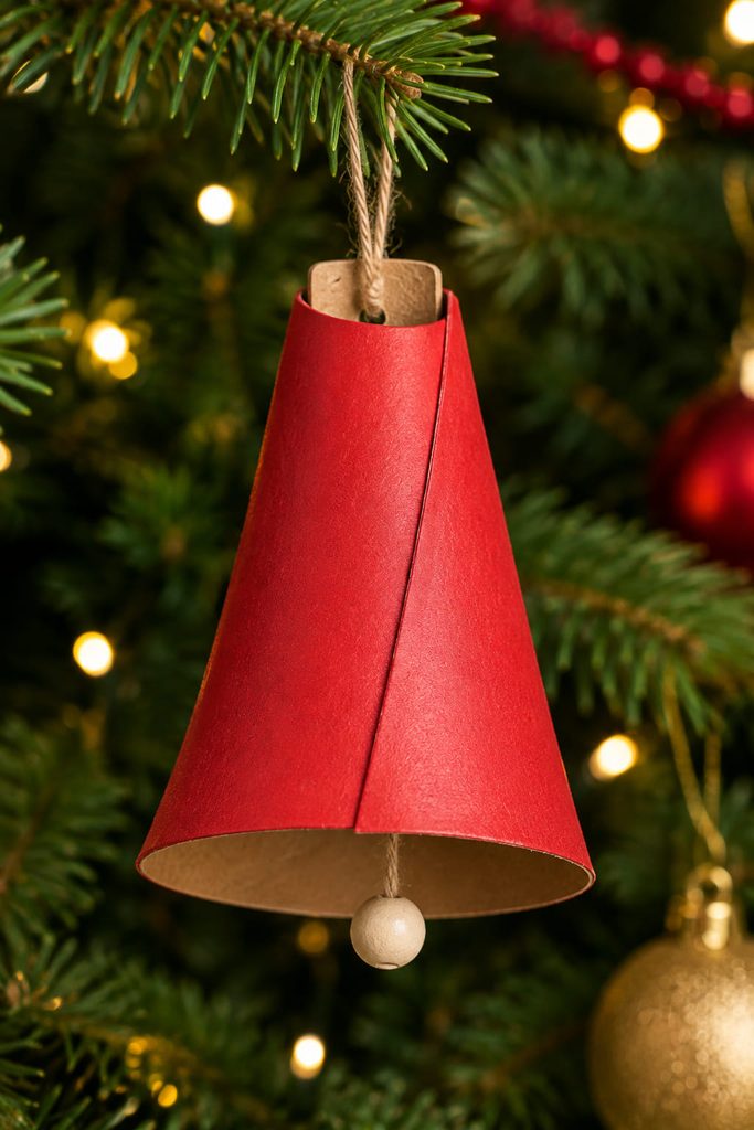 Tapered cardboard tube bell ornament hanging from a Christmas tree branch with a small clapper.