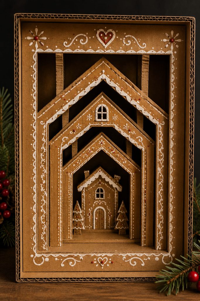 Gingerbread house shadow box built from spaced cardboard layers and nested facade openings.