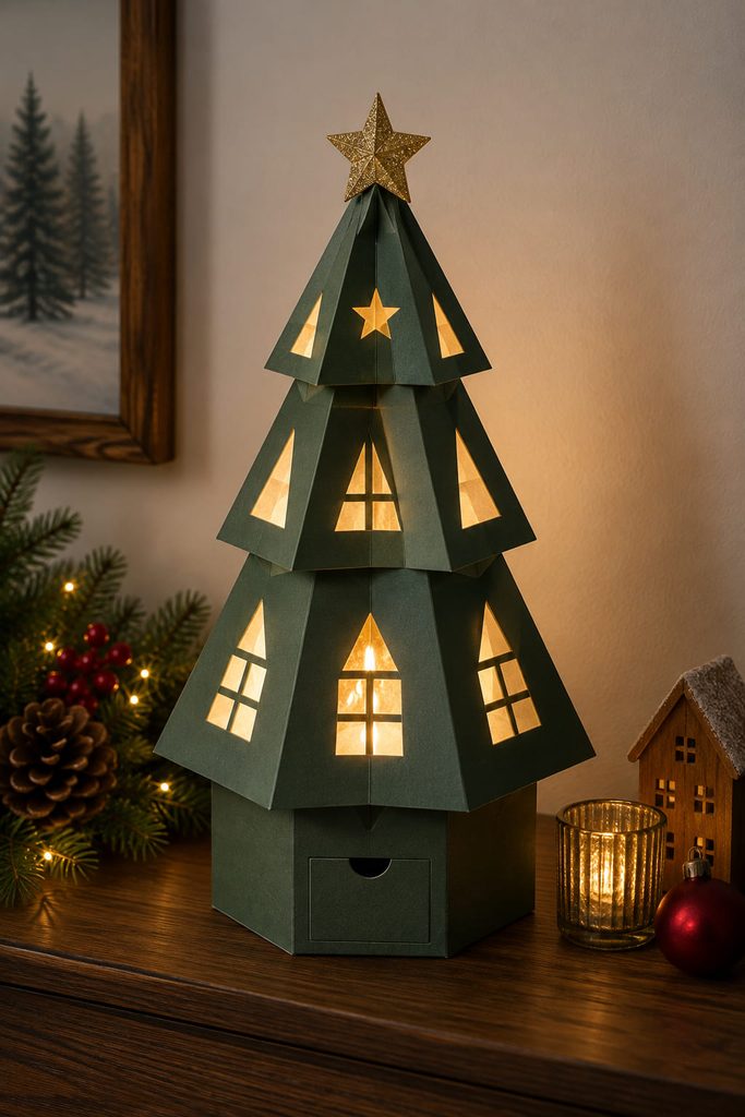 Faceted paper Christmas tree lantern with vellum windows glowing from a cool battery LED.