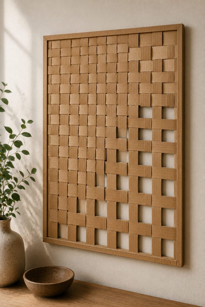 Cardboard strips woven over and under into a framed checkerboard wall panel with deliberate gaps.