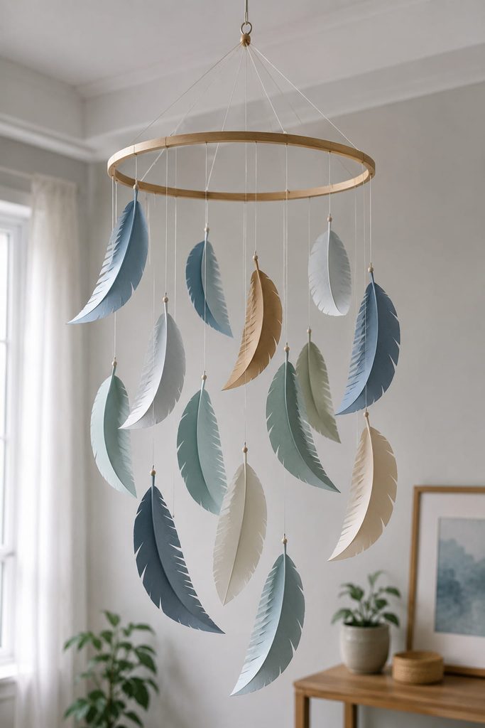 Balanced hanging mobile with curved cardstock feathers suspended at varied heights from a circular support.