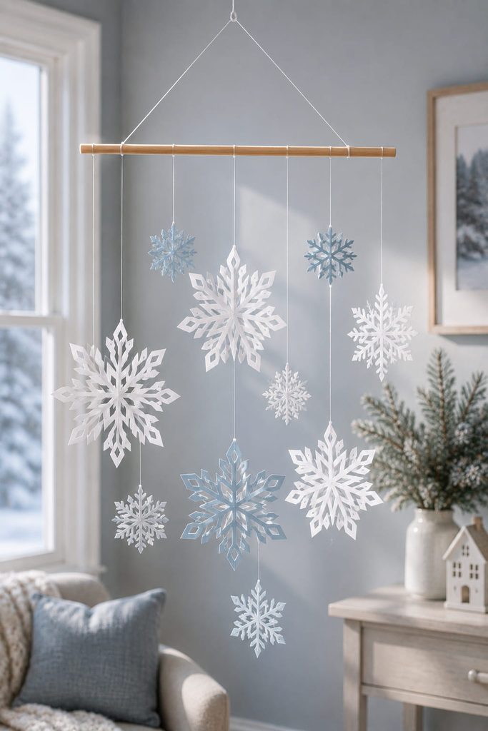 Balanced hanging mobile with paper snowflakes suspended at staggered heights from a level dowel.