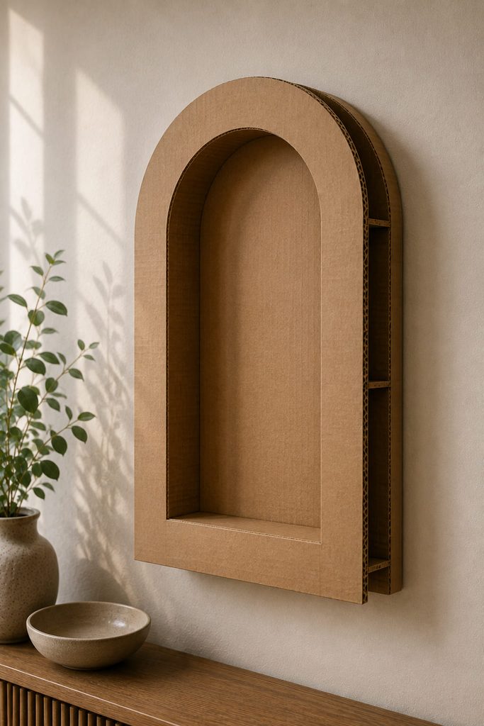 Shallow cardboard arch niche panel with a curved inner return and reinforced dimensional structure.