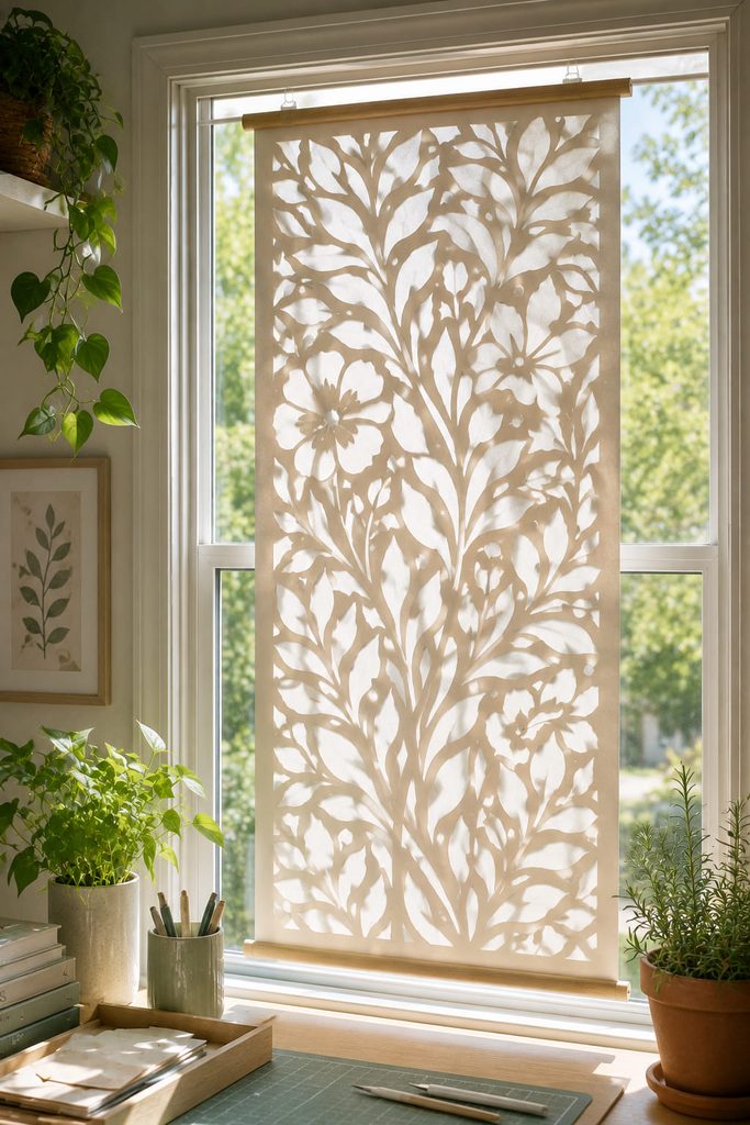 Cut-paper window panel backed with vellum and illuminated by natural daylight.