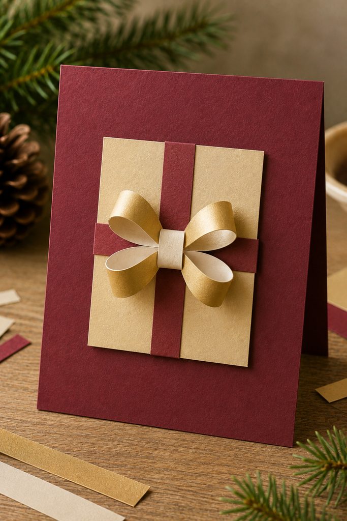 Paper present card with a dimensional bow made from folded gold and cream paper loops.
