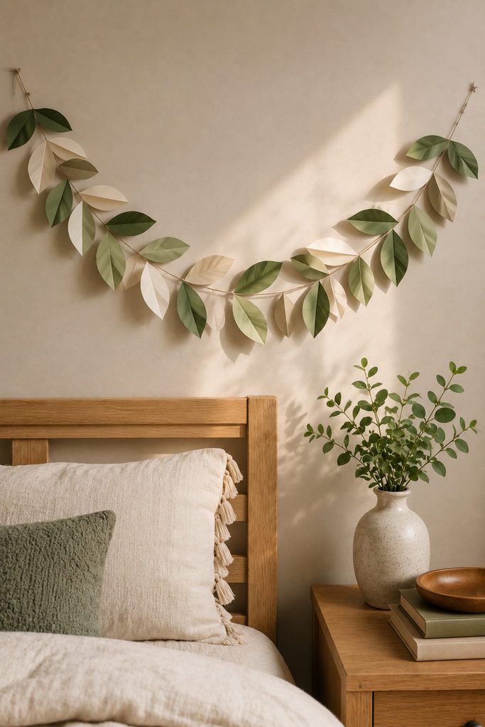 Folded paper leaf garland hanging in a shallow curve across a bedroom wall.