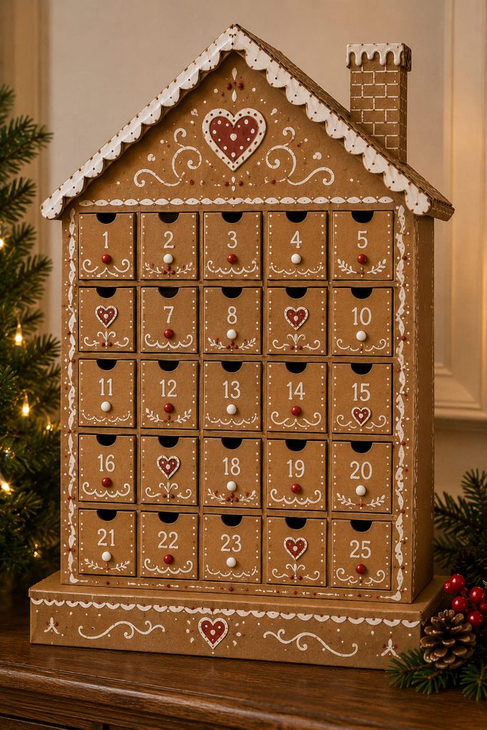 Cardboard gingerbread house advent calendar cabinet with a grid of small accessible compartments.