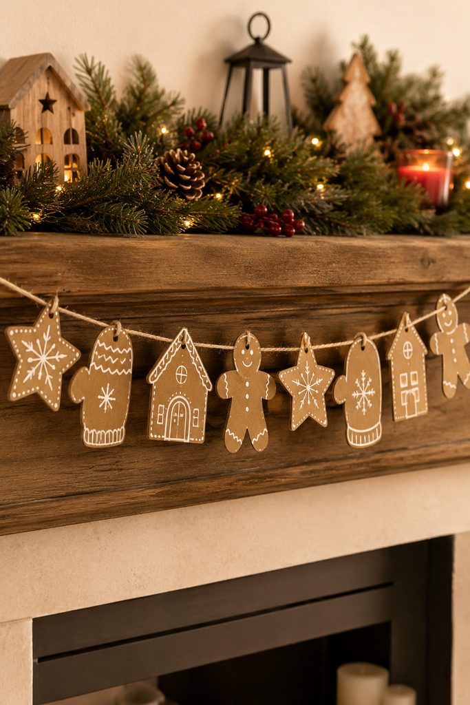 Gingerbread-style cardboard cookie garland with spaced kraft silhouettes and white painted details.