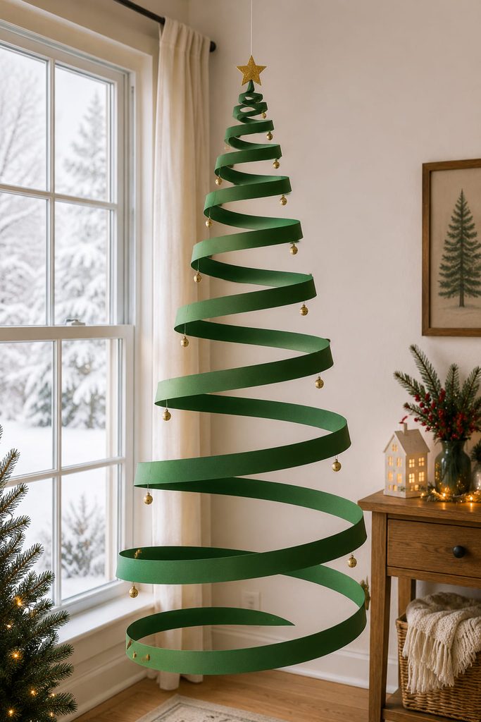 Spiral-cut paper Christmas tree mobile hanging freely near a bright winter window.