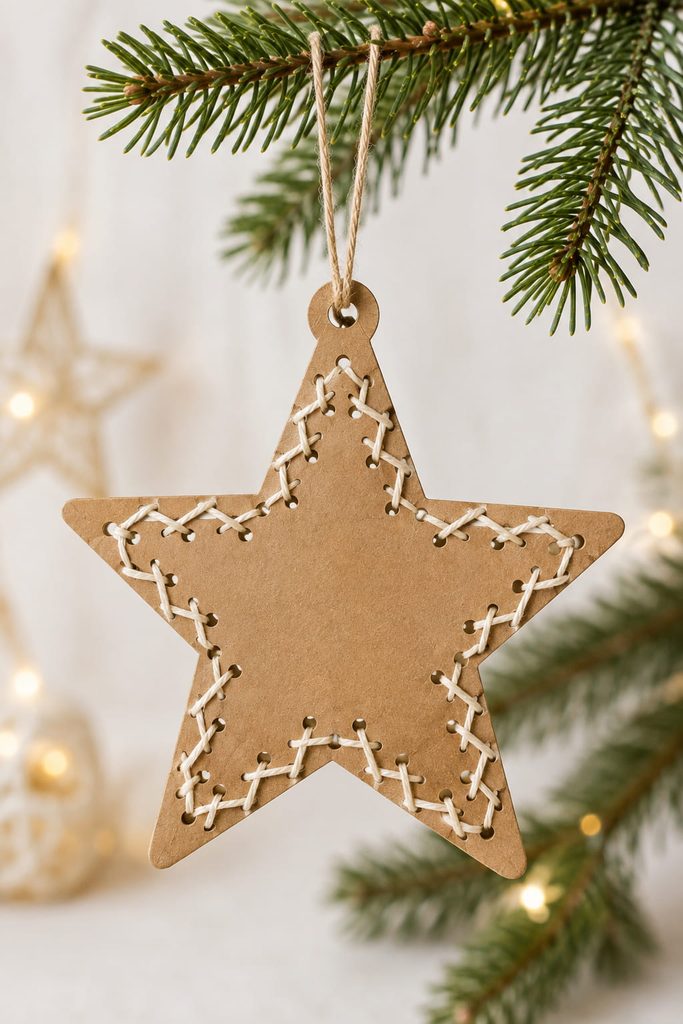 Kraft cardstock star ornament with cream thread laced through evenly spaced edge holes.