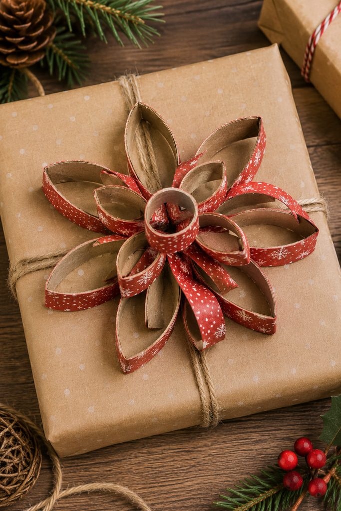 Gift bow made from patterned cardboard tube rings arranged in raised loops on a wrapped present.
