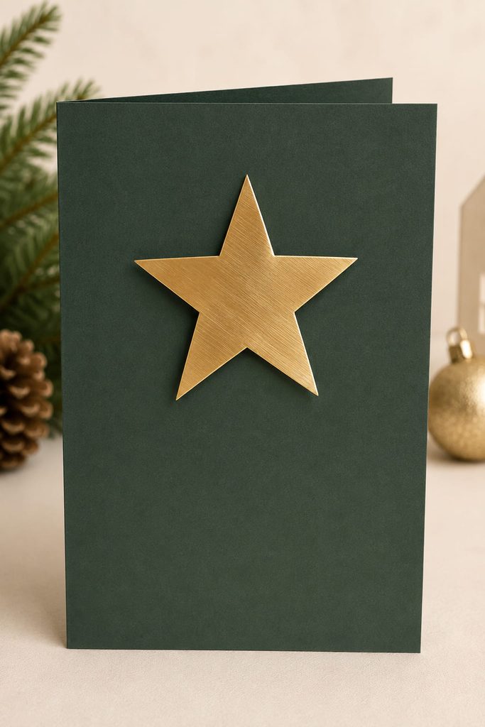 Forest-green Christmas card with one large brushed-gold paper star and generous negative space.