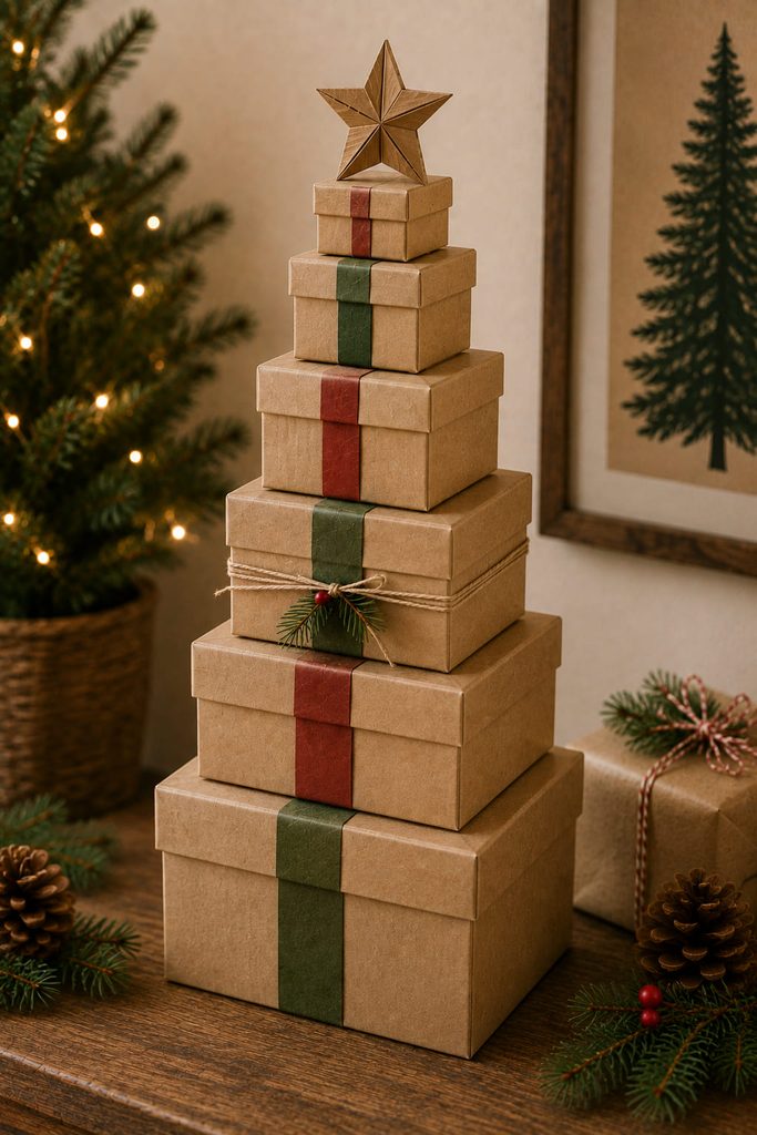 Nested cardboard gift boxes stacked into a Christmas tree tower.