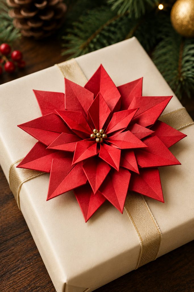 Layered red origami poinsettia used as a low-profile bow on a cream Christmas gift.