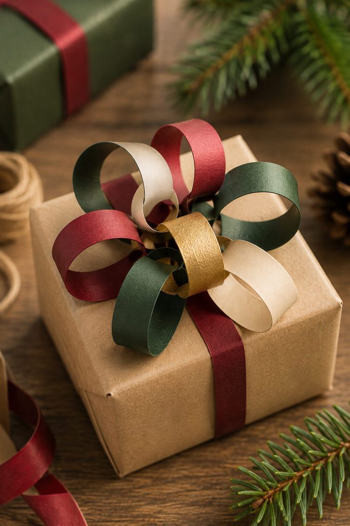 Compact linked-paper bow rising from the top of a wrapped holiday gift.
