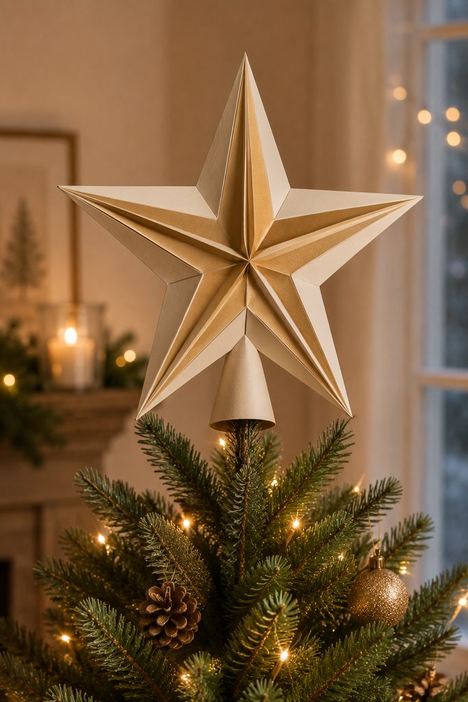 Layered paper star tree topper held upright by a hidden cardstock cone sleeve.