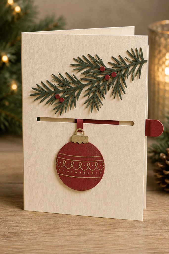 Christmas ornament slider card with a paper pull tab and visible movement track.