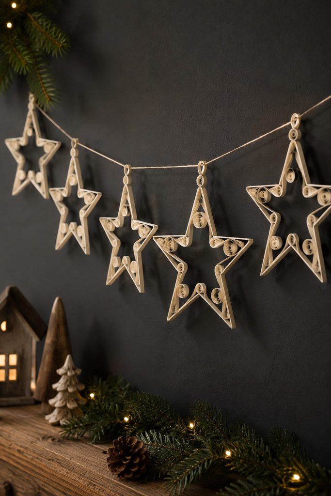 Open quilled paper star outlines hanging against a dark wall.