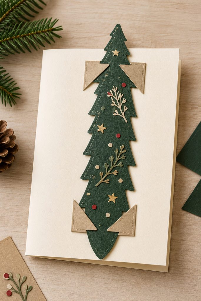 Christmas card holding a removable evergreen-shaped paper bookmark in two clean corner slots.