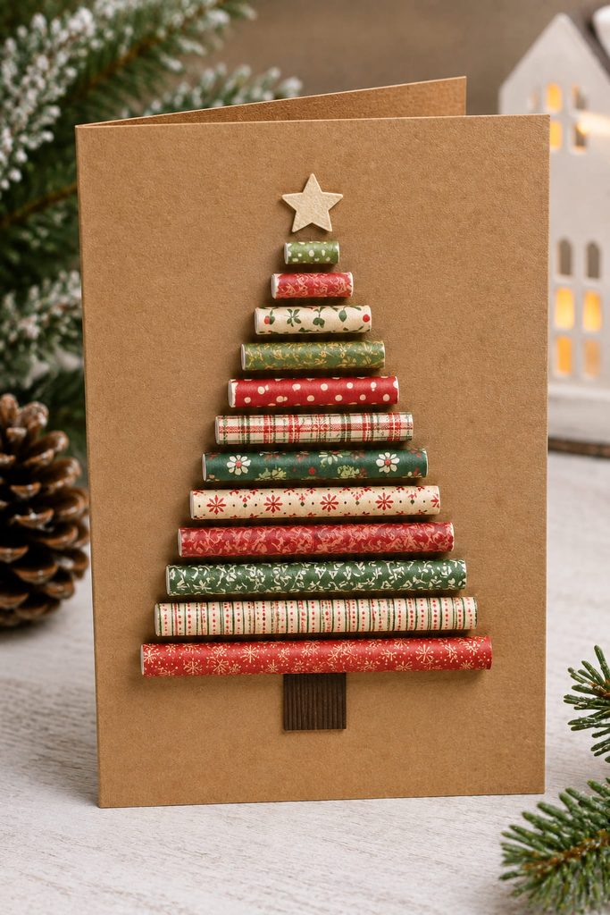 Christmas tree card made from short rolled paper tubes arranged in descending rows.