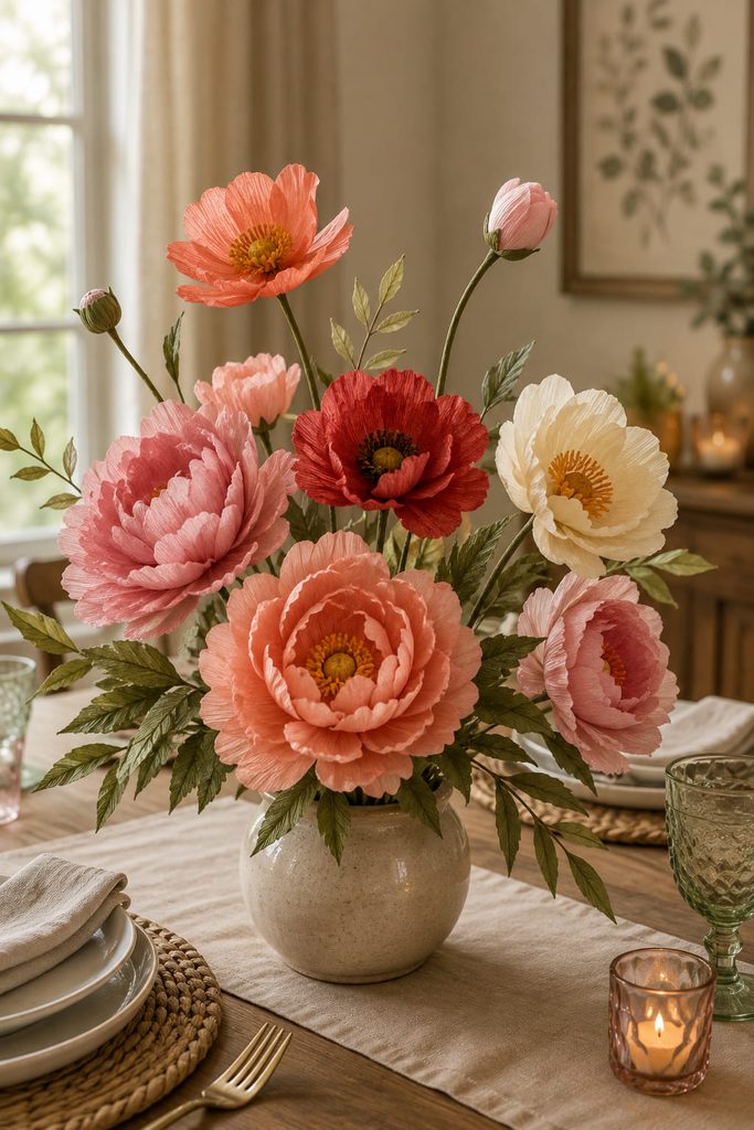 Sculpted crepe paper flowers and leaves arranged in a low ceramic centerpiece vase.