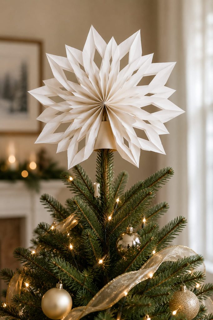 White paper-bag snowflake tree topper supported by a cardstock sleeve over the upper stem.
