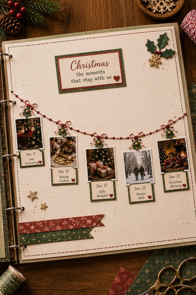 Stitched paper garland timeline carrying small Christmas photos and date tags across a scrapbook page.