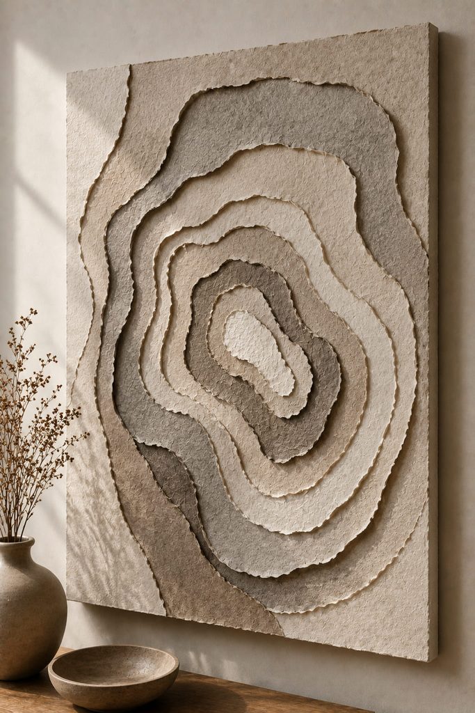 Nested torn tissue layers forming raised topographic contour bands on a neutral wall panel.