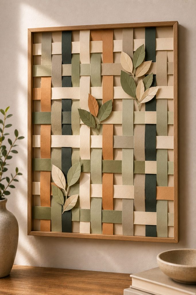 Woven paper lattice wall art with alternating strips and small layered leaf accents.
