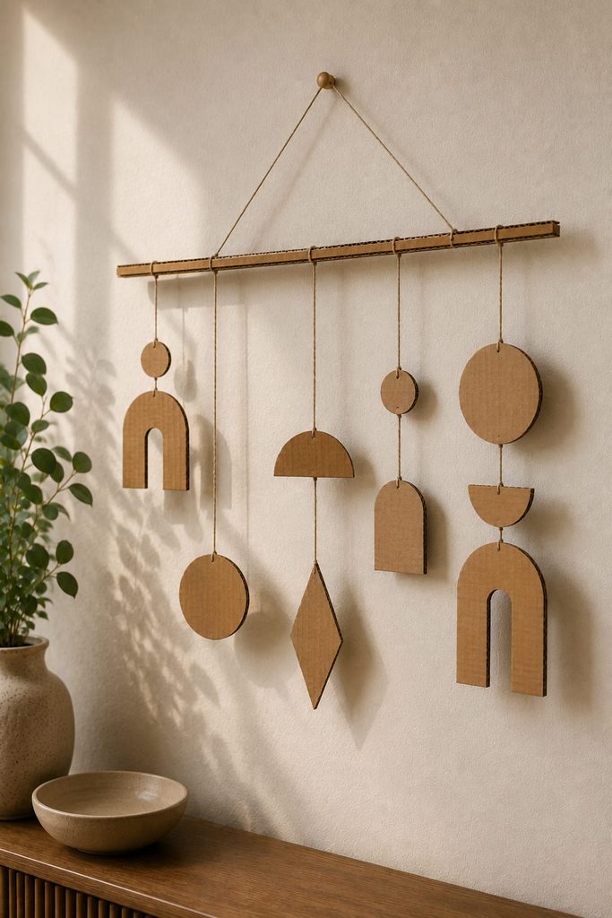 Balanced cardboard wall mobile with lightweight shapes suspended from a rigid bar and clear wall space.