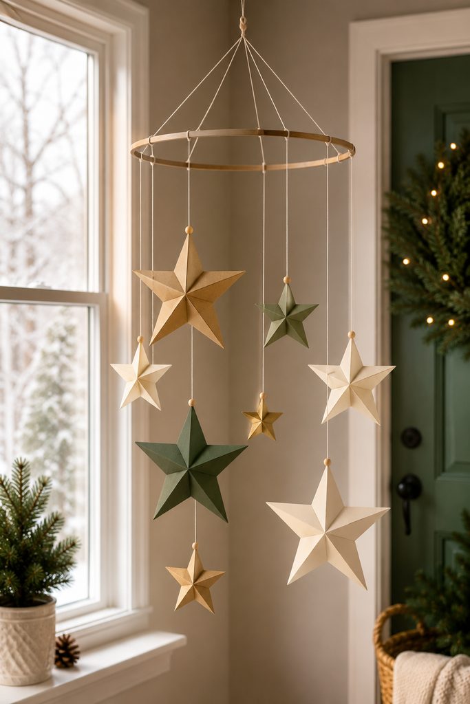 Balanced hanging mobile with paper stars suspended at different heights.