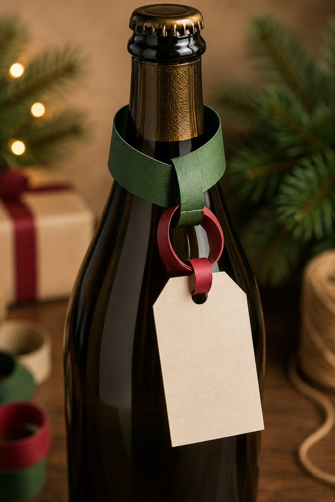Paper-chain gift tag hanging from the neck of an unlabeled holiday bottle.