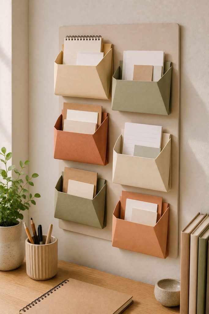 Staggered gusseted cardstock pockets forming a lightweight paper wall organizer.