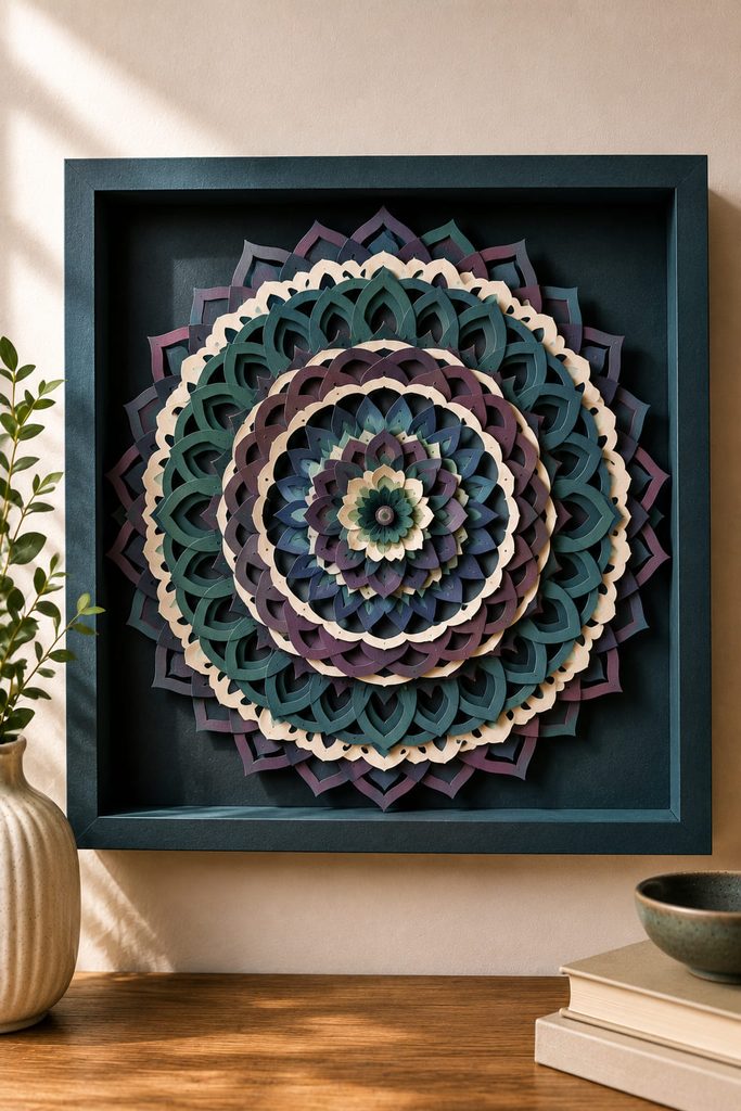 Concentric cut-paper mandala with alternating raised and flush rings inside a shadow frame.