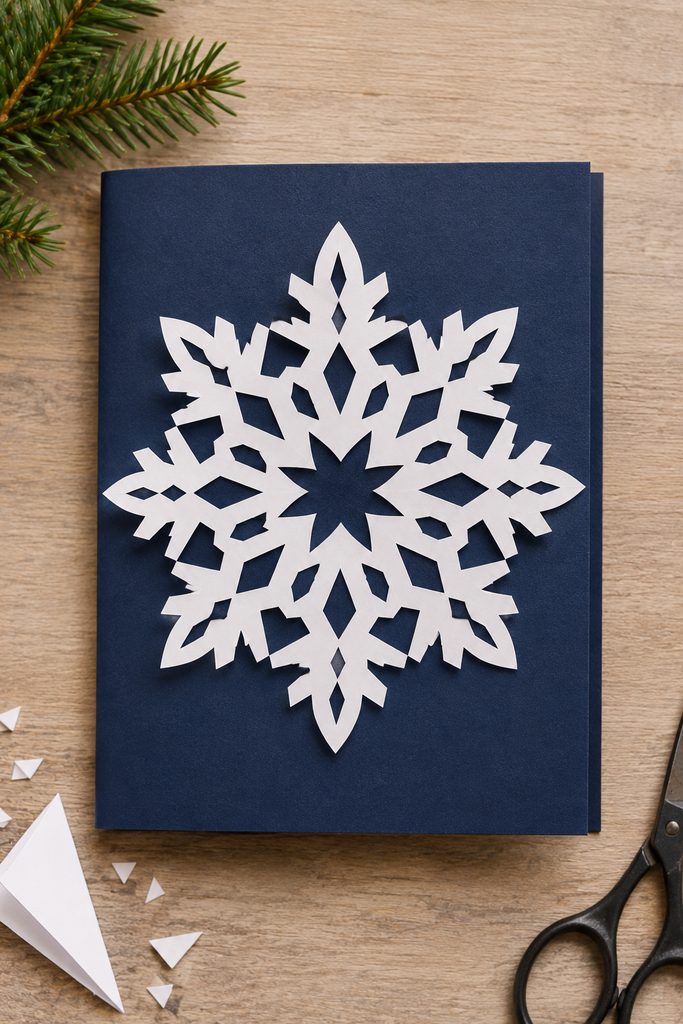 Large white fold-and-cut paper snowflake mounted on a dark navy Christmas card.