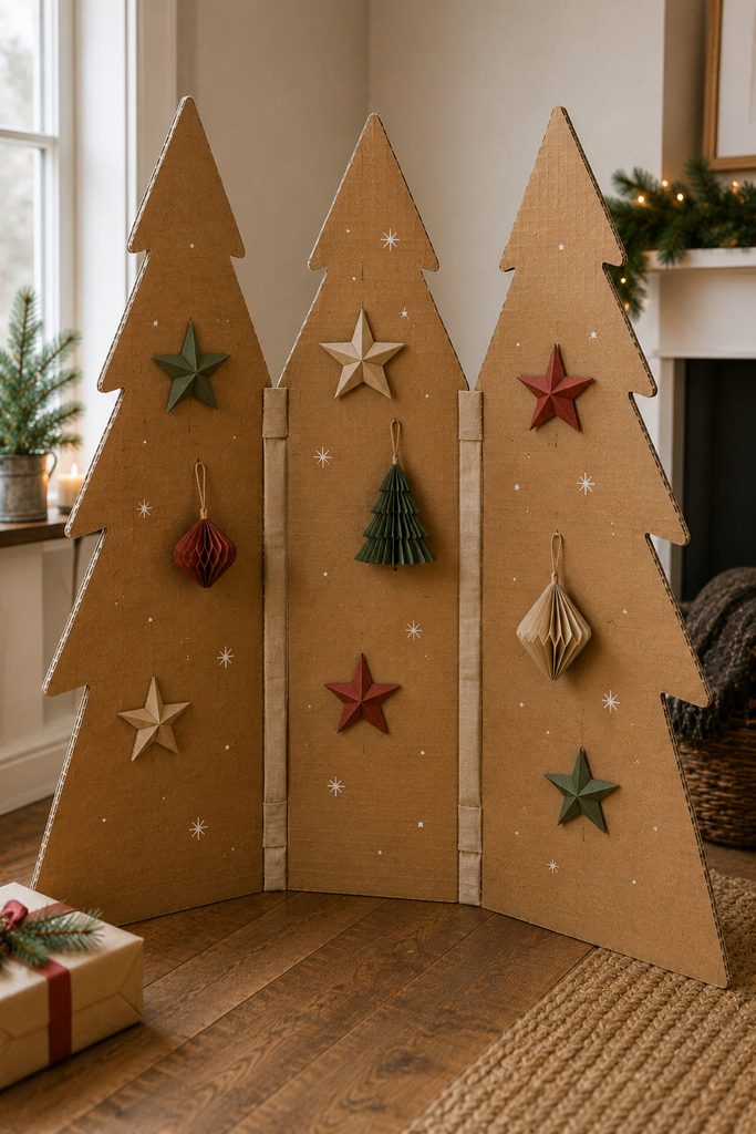 Fold-flat cardboard Christmas tree screen opened in a three-panel zigzag.