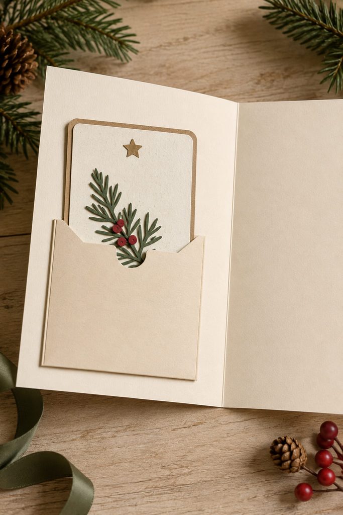 Open Christmas card with an interior paper pocket and removable matching gift-tag insert.