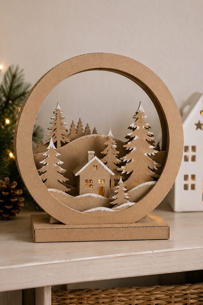Layered cardboard snow globe shelf scene with a circular frame and stepped winter silhouettes.