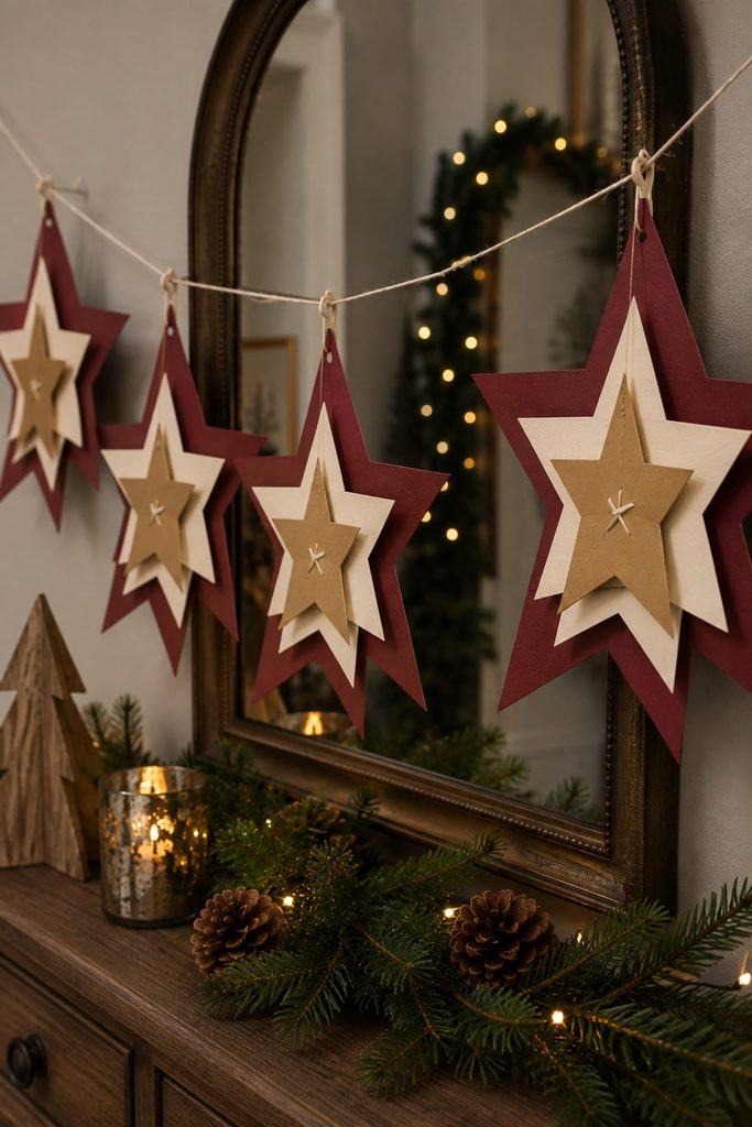 Layered offset cardstock stars with rotated points hanging along a Christmas mirror.
