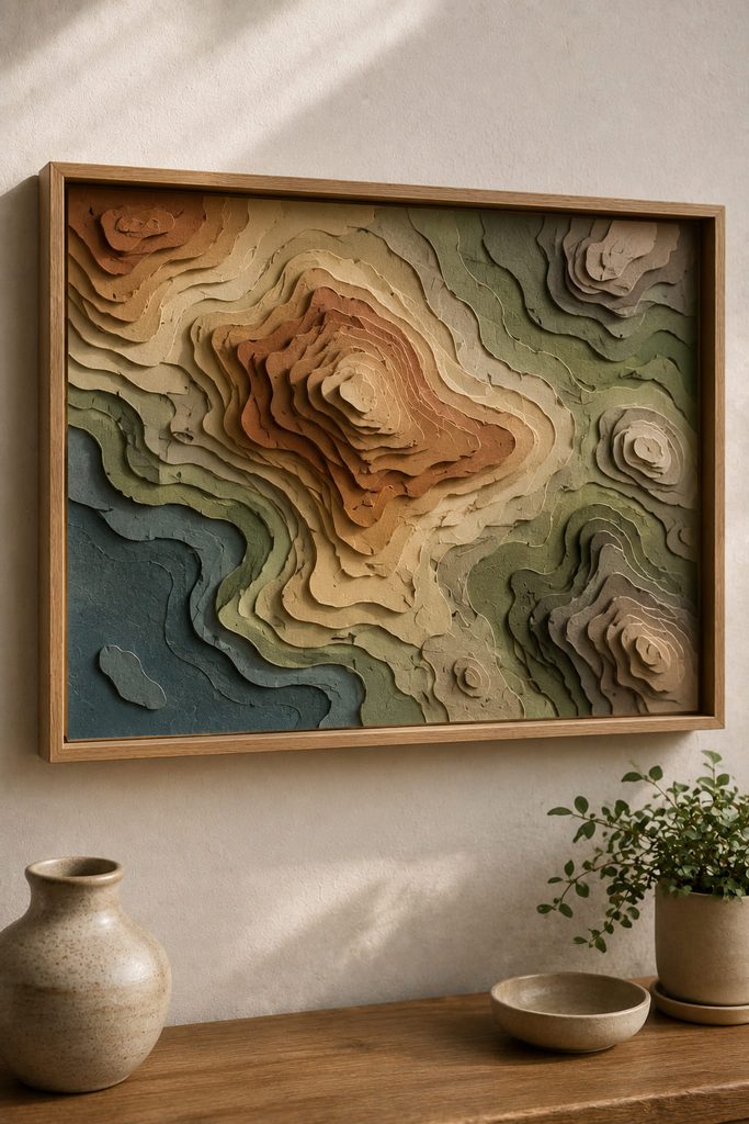 Layered cardstock topographic map with stacked contour levels creating a stepped dimensional relief.