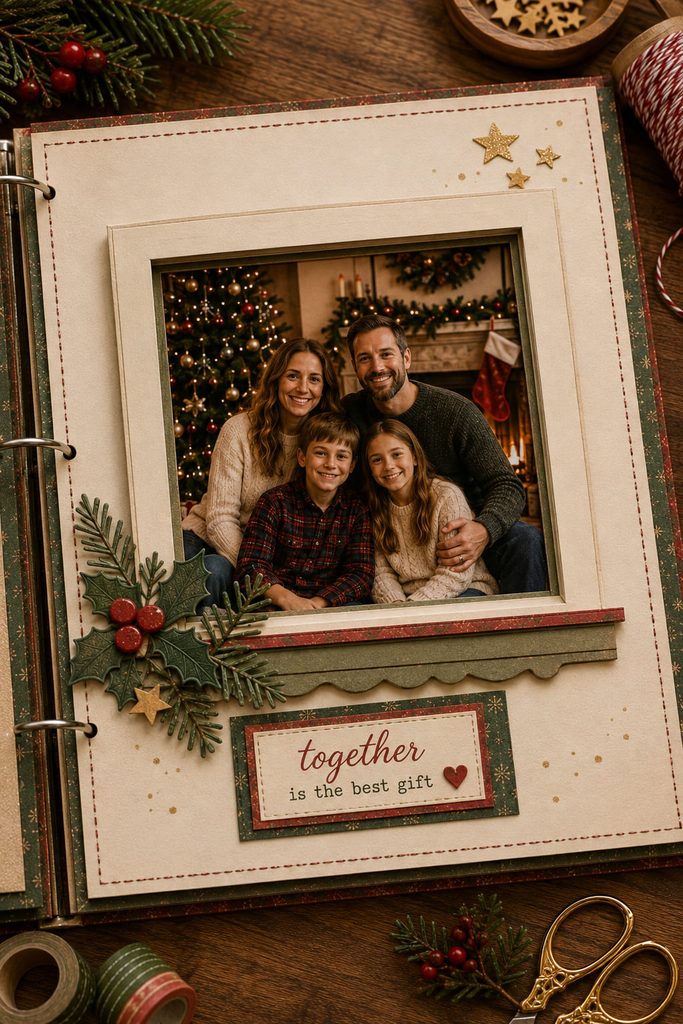 Family Christmas portrait recessed behind a shallow layered paper window frame in a scrapbook page.