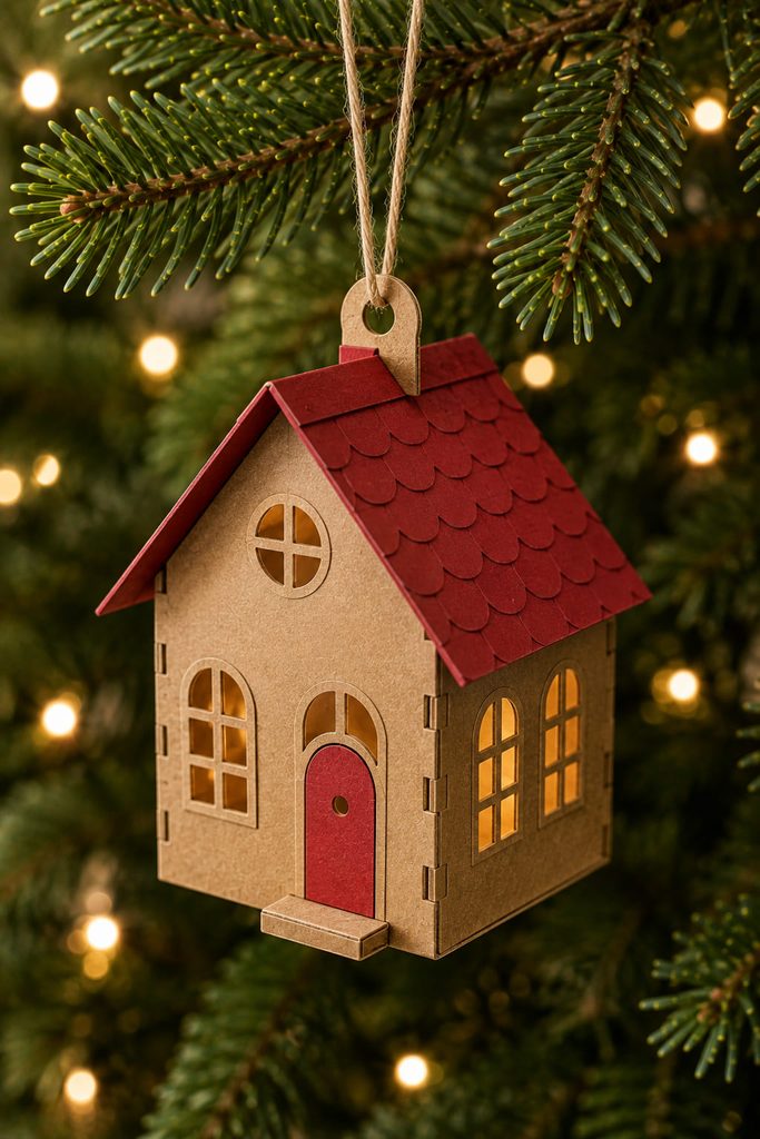 Mini cardstock house ornament hanging from a reinforced loop beneath the roof ridge.