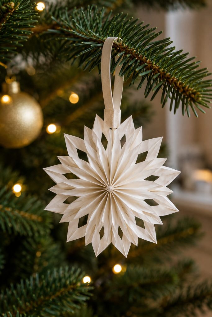 Mini white bag snowflake ornament hanging from an evergreen branch by a reinforced loop.