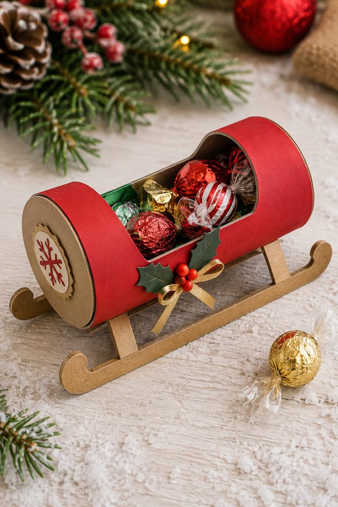 Mini Christmas sleigh treat tray made from a cut cardboard tube with cardstock runners.