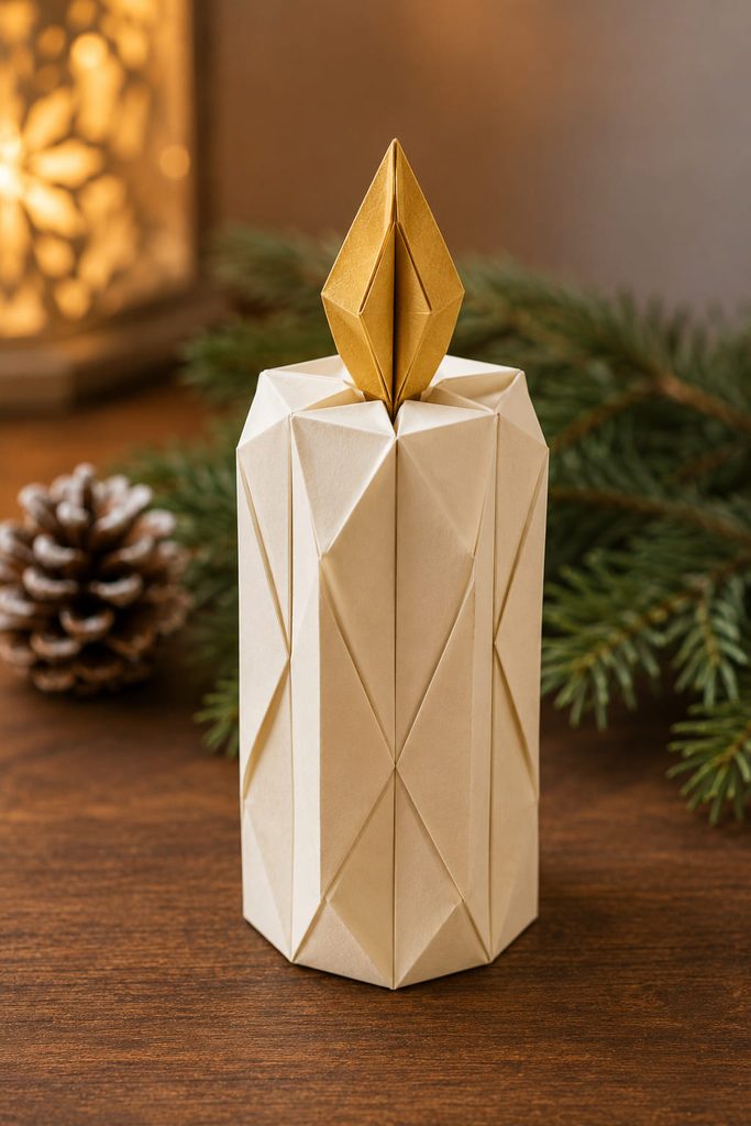 Cream folded-paper candle decoration with a separate gold paper flame and no real fire.