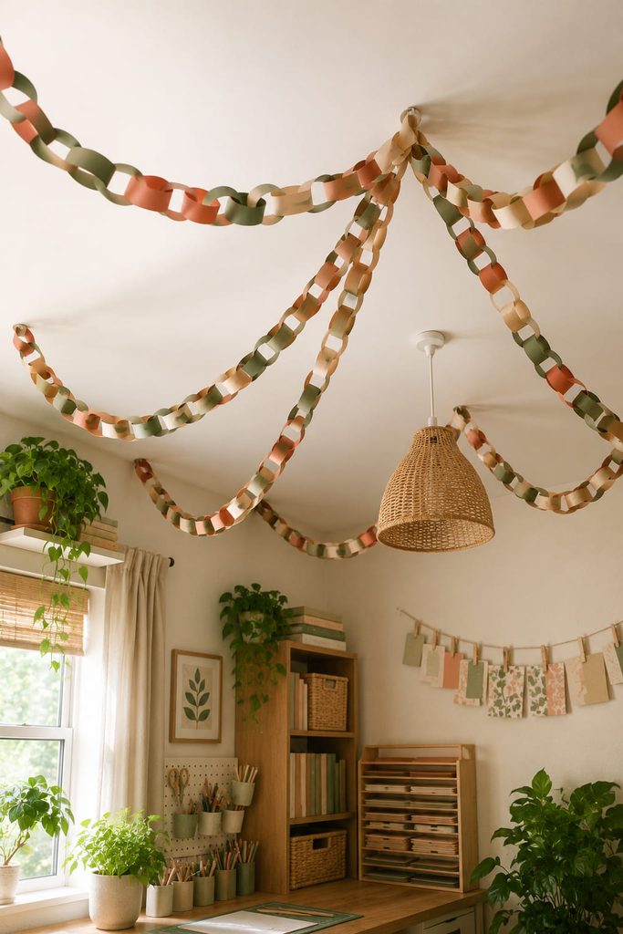 Paper chain swags draped in lightweight arcs across a room ceiling.