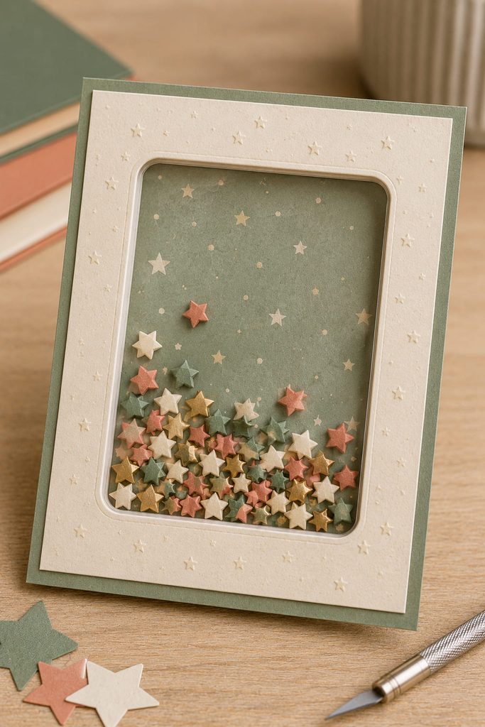 Mini paper stars moving inside the clear window of a handmade shaker card.